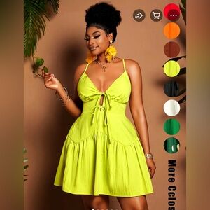 Vibrant 3X Yellow Ruffle Bottom Spaghetti Strap Criss Cross Back Tie Front Dress